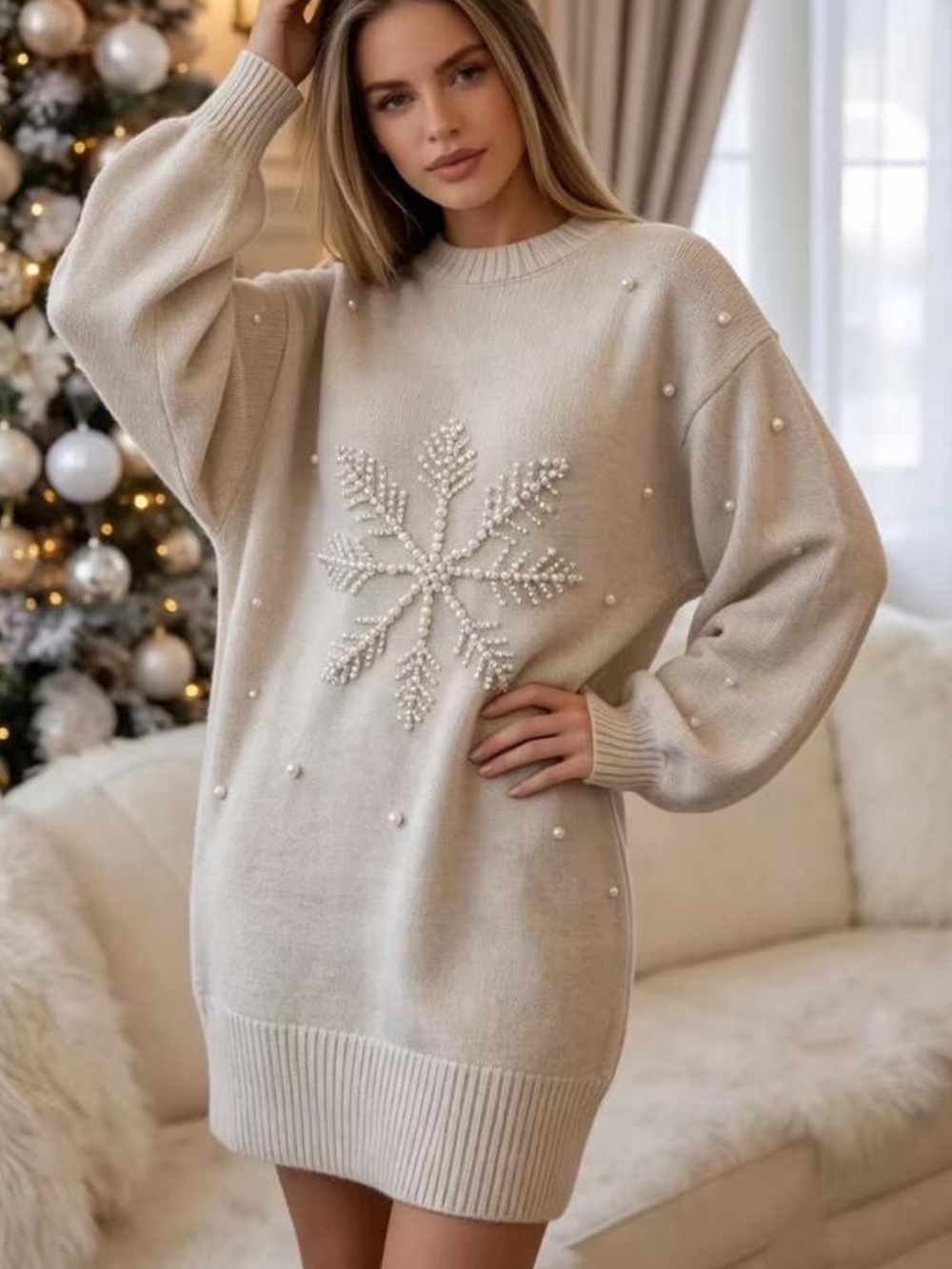 Cream White Christmas Knitted Sweater, Handmade Pearl Snowflake Decoration